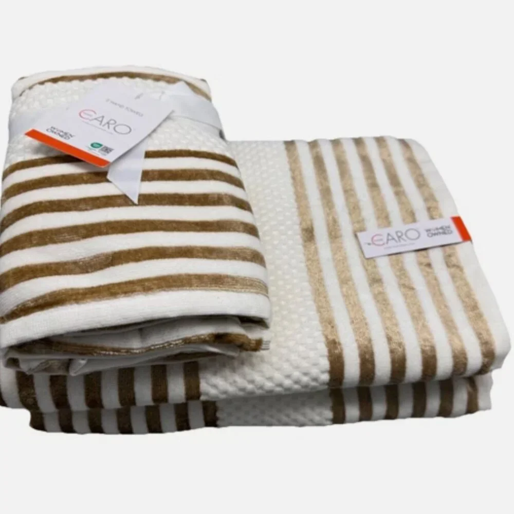 4pc Caro Gold Stripes 2 Bath 2 Hand Towel Set Luxury Velour Soft Cream Cotton